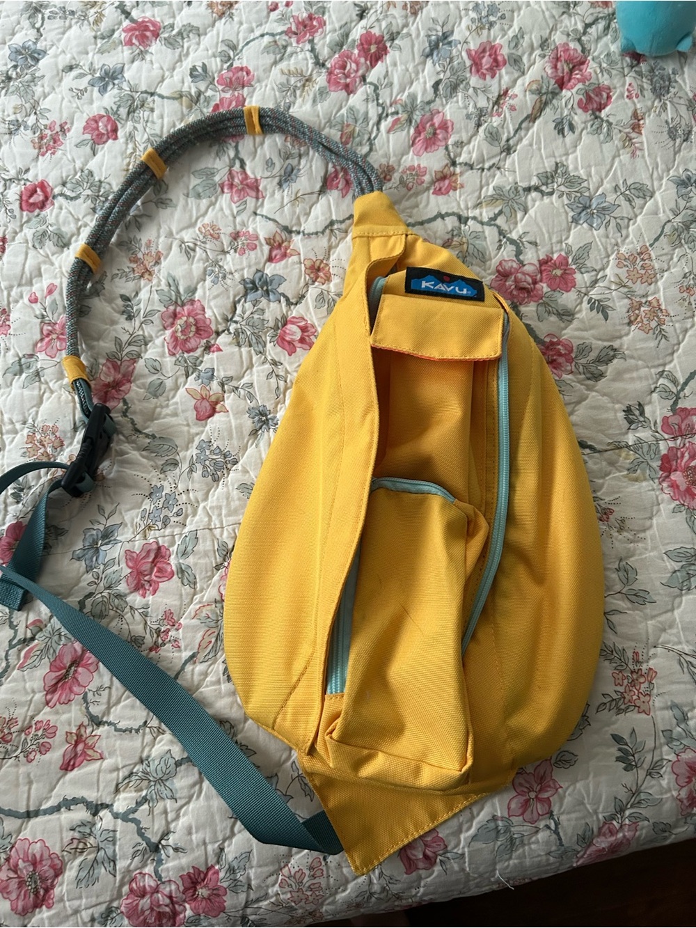 Kavu Yellow Crossbody Sling Bag with Teal Accents